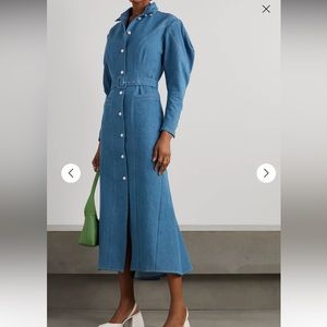 Batsheva denim long dress. Hunter belted faux pearl embellished denim dress